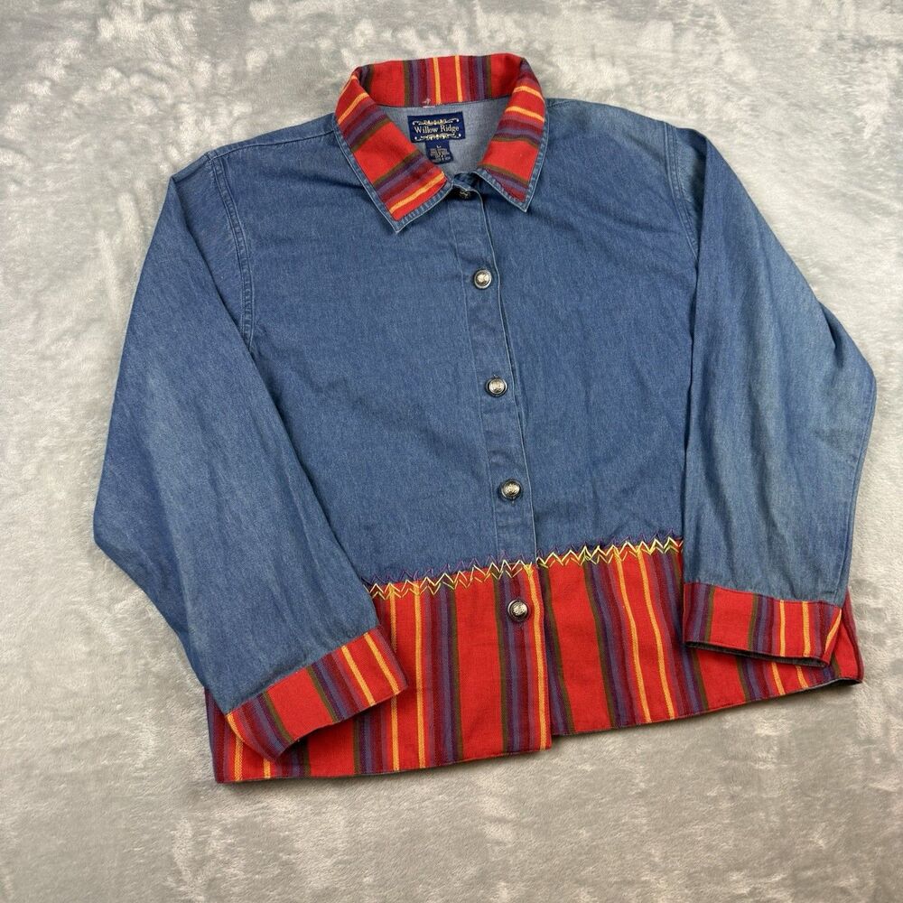 Vintage Willow Ridge Denim Jacket Womens Large Embroidered Floral Stripe Boho